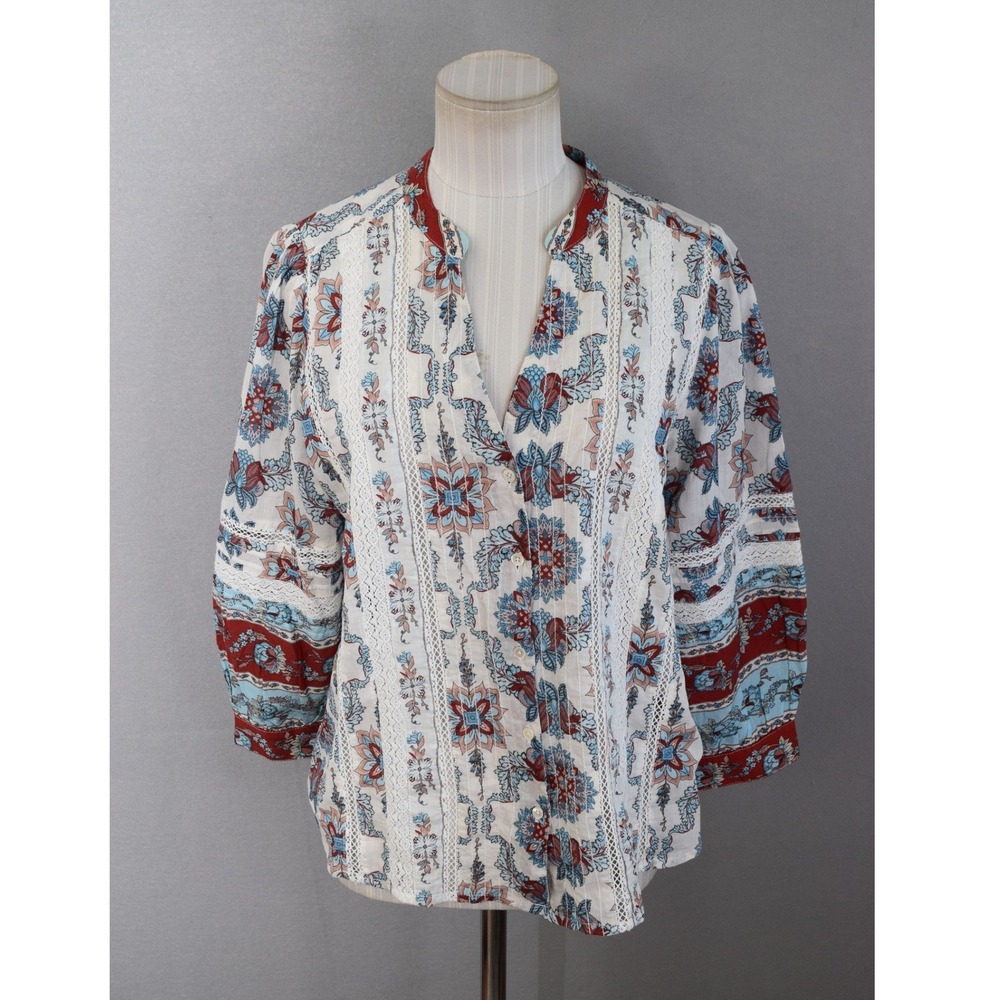 Sundance Blouse Small Blue Red Floral Paisley Lace Pintuck Cotton Women Boho